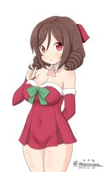 Rule 34 | 1girl, artist name, ascot, bare shoulders, bow, breasts, bridal gauntlets, brown hair, cleavage, cowboy shot, dated, dress, drill hair, hair bow, harukaze (kancolle), kantai collection, large breasts, masara (chuujou), one-hour drawing challenge, pink ascot, red bow, red dress, red eyes, simple background, solo, standing, strapless, strapless dress, twin drills, twitter username, white background