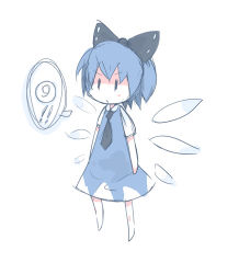Rule 34 | 1girl, barefoot, chibi, circled 9, cirno, dress, female focus, full body, inemuri uno, lowres, simple background, sketch, solo, touhou, white background
