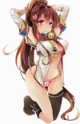 Rule 34 | 10s, 1girl, adjusting hair, arms up, asymmetrical legwear, bare shoulders, bikini, black socks, blush, breasts, brown hair, floral print, flower, full body, hair flower, hair ornament, kantai collection, kneehighs, long hair, mismatched legwear, no pants, open clothes, open shirt, parted lips, pink bikini, ponytail, shirt, signature, simple background, single kneehigh, single sock, single thighhigh, socks, solo, swimsuit, tadashi-kun, thighhighs, very long hair, white background, yamato (kancolle)