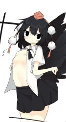 1girl black_bow black_bowtie black_eyes black_feathers black_hair black_skirt black_wings bow bowtie breasts cleavage embarrassed feathered_wings feathers hat highres looking_at_viewer medium_hair navel open_clothes open_shirt pom_pom_(clothes) red_hat ro_74 shameimaru_aya shirt skirt skirt_hold solo standing stomach tokin_hat touhou wavy_mouth white_shirt wings