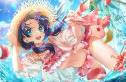 Rule 34 | 1girl, :d, adjusting clothes, adjusting headwear, bikini, blue eyes, blue hair, blue sky, blurry, blurry foreground, breasts, dark blue hair, floral print, floral print bikini, flower, frilled bikini, frills, game cg, hair flower, hair ornament, hat, hibiscus, hibiscus print, highres, jacket, jacket over swimsuit, leaning forward, link! like! love live!, long hair, looking at viewer, love live!, low twintails, mole, mole on neck, murano sayaka, navel, official art, open clothes, open jacket, open mouth, palm tree, pink bikini, pink flower, pink sarong, pink scrunchie, sarong, scrunchie, see-through, see-through jacket, sky, small breasts, smile, solo, splash!!!! (love live!), standing, stomach, straw hat, swimsuit, teeth, thigh scrunchie, third-party source, tree, twintails, upper teeth only, virtual youtuber, wet, white bikini