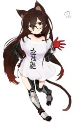 Rule 34 | 1girl, absurdres, android, animal ear fluff, animal ears, artist logo, black-framed eyewear, blush, breasts, brown hair, cat ears, cat tail, closed mouth, eyes visible through hair, full body, glasses, gloves, gradient hair, hair between eyes, hand on own hip, highres, hololive, kemonomimi mode, long hair, looking at viewer, mechanical arms, mechanical legs, medium breasts, multicolored hair, nejime, off-shoulder shirt, off shoulder, red gloves, red hair, roboco-san, roboco-san (high-spec t-shirt), shirt, signature, simple background, smile, solo, standing, tail, thighs, translated, two-tone hair, virtual youtuber, white background, white shirt, yellow eyes