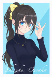 Rule 34 | 1girl, absurdres, adjusting glasses, aqua background, aqua eyes, artist name, artist request, black sweater, blue eyes, blush, bow, breasts, brown hair, crescent, crescent necklace, female focus, glasses, hair between eyes, hair bow, high ponytail, highres, jewelry, long hair, long sleeves, looking at viewer, love live!, love live! nijigasaki high school idol club, medium breasts, necklace, osaka shizuku, parted lips, ponytail, smile, solo, star (symbol), star necklace, sweater, upper body, yellow bow