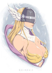 Rule 34 | 1girl, angewomon, artist name, blonde hair, breasts, cleavage, covered eyes, digimon, digimon (creature), feathers, from side, helmet, highres, large breasts, long hair, mask, nalindale, portrait, smile, solo