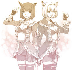Rule 34 | 00s, 2girls, animal ears, cat ears, cat tail, corsair, corsair (final fantasy), final fantasy, final fantasy xi, fingerless gloves, gloves, mithra (ff11), multiple girls, smile, tail, takatsuki kahiro, thighhighs, thumbs up