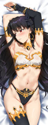 Rule 34 | 1girl, armlet, armpits, arms up, bikini, black hair, black ribbon, black thighhighs, blush, breasts, cleavage, collar, commentary request, dakimakura (medium), detached sleeves, earrings, fate/grand order, fate (series), groin, hair ribbon, highres, hoop earrings, ishtar (fate), jewelry, long hair, long sleeves, looking away, looking to the side, medium breasts, mismatched bikini, navel, parted lips, red eyes, ribbon, scowl, single detached sleeve, single thighhigh, skindentation, solo, stomach, strapless, strapless bikini, sweat, swimsuit, thighhighs, thighlet, two side up, very long hair, yd (orange maru)