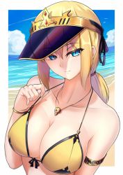 Rule 34 | 1girl, armlet, bare arms, bare shoulders, beach, bikini, bird, black ribbon, blonde hair, blue eyes, bracelet, breasts, cleavage, closed mouth, cloud, collarbone, commentary request, contrail, day, hair between eyes, hawe king, heart, jewelry, large breasts, long hair, looking at viewer, low ponytail, necklace, ocean, original, outdoors, pendant, ribbon, see-through, sidelocks, skull necklace, smile, solo, strap lift, swimsuit, upper body, visor cap, water, yellow bikini