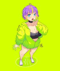 1girl aqua_eyes blonde_hair blush breasts green_jacket highres jacket jk_arts medium_breasts multicolored_hair open_mouth original purple_hair redrawn shoes short_hair simple_background two-tone_hair