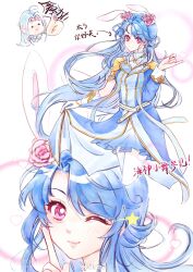 Rule 34 | 1boy, 1girl, absurdres, ahoge, animal ears, blue dress, blue hair, blue skirt, chibi, closed mouth, dress, drooling, flower, hair flower, hair ornament, heart, highres, lianhong qishui, long hair, long sleeves, pinky out, rabbit ears, second-party source, skirt, smile, tang san, thighhighs, thumbs up, white background, white thighhighs, xiao wu (douluo dalu)