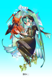 Rule 34 | 1girl, :d, book, bug miku (project voltage), capelet, commentary request, creatures (company), dress, game freak, gen 4 pokemon, green background, green eyes, green hair, happy, hat, hatsune miku, highres, kricketune, long hair, looking down, musical note, necktie, nintendo, open mouth, pantyhose, pokemon, pokemon (creature), project voltage, shoes, smile, staff (music), twintails, vocaloid, yi zhi zhiliao zhiliaoliaoliao