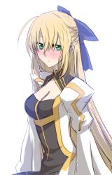 Rule 34 | 1girl, ahoge, artoria caster (fate), artoria caster (third ascension) (fate), artoria pendragon (fate), blue bow, blush, bow, breasts, cleavage, fate/grand order, fate (series), green eyes, hair between eyes, hair bow, highres, himo, long hair, looking at viewer, medium breasts, sitting, solo, white background, wide sleeves