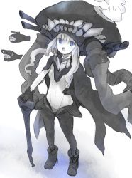 Rule 34 | 10s, 1girl, :o, abyssal ship, ankle boots, black gloves, blue eyes, blue theme, bodysuit, boots, cane, cape, colored skin, gloves, hand on own hip, hat, high heel boots, high heels, kantai collection, long hair, miyako (naotsugu), monochrome, open mouth, pants, solo, standing, tentacles, turret, white hair, white skin, wo-class aircraft carrier