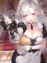 Rule 34 | 1boy, 1girl, aiming, apron, black bow, black dress, blonde hair, blood, blood on face, bow, breasts, child, cigarette, cleavage, combat maid, covering another&#039;s eyes, cowboy shot, crying, detached collar, dress, earrings, gun, handgun, highres, holding, holding gun, holding weapon, indoors, jewelry, kfr, large breasts, long hair, long sleeves, looking at viewer, maid, maid headdress, mansion, mouth hold, open mouth, original, outstretched arms, pistol, puffy short sleeves, puffy sleeves, red eyes, revolver, shirt, short sleeves, silver hair, smoking, stairs, stud earrings, tears, twintails, v-shaped eyebrows, very long hair, waist apron, weapon, white apron, white shirt