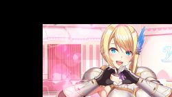 Rule 34 | 1girl, aqua eyes, armor, blonde hair, blue eyes, blush, braid, breastplate, breasts, cleavage, detached collar, female focus, french braid, game cg, hair ornament, hands up, happy, heart, heart hands, highres, indoors, kukkorodays, large breasts, long hair, looking at viewer, open mouth, original, qureate, smile, solo, table, teeth, upper teeth only