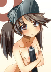 Rule 34 | 10s, 1girl, bad id, bad pixiv id, between breasts, blush, breasts squeezed together, breasts, brown eyes, brown hair, collarbone, hat, highres, kadokawa shoten, kantai collection, long hair, looking at viewer, maokyu, nipples, nude, hugging object, personification, ryuujou (kancolle), sexually suggestive, small breasts, solo, sweat, sweatdrop, torpedo, twintails