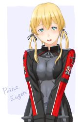 Rule 34 | 10s, 1girl, anchor, blonde hair, breasts, character name, commentary request, english text, green eyes, hair tie, highres, jacket, kantai collection, long sleeves, looking at viewer, low twintails, medium breasts, niwatazumi, no headwear, no headwear, open mouth, prinz eugen (kancolle), solo, teeth, twintails, v arms