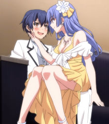 Rule 34 | 1boy, 1girl, :d, alternate costume, arm support, bare legs, bare shoulders, blue eyes, blue hair, blunt bangs, blush, breasts, brown eyes, cleavage, closed mouth, couch, couple, date a live, dress, earrings, eye contact, face-to-face, formal, girl on top, hair ornament, hand up, hetero, highres, indoors, itsuka shidou, izayoi miku, jacket, jewelry, knees together feet apart, large breasts, legs, long hair, looking at another, neck, necklace, open mouth, pants, screencap, short hair, sitting, sitting on lap, sitting on person, smile, stitched, suit, sweatdrop, third-party edit, third-party source, white jacket, white pants, yellow dress