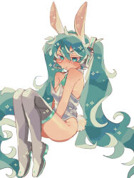 Rule 34 | 1girl, :t, animal ears, aqua eyes, aqua hair, blush, boots, crying, crying with eyes open, fake animal ears, fake tail, fukomo, full body, hair between eyes, hair ornament, hatsune miku, headband, headphones, leotard, long hair, playboy bunny, pout, rabbit ears, rabbit tail, simple background, solo, sparkle, sweat, tail, tears, thigh boots, twintails, very long hair, vocaloid, white background, white footwear