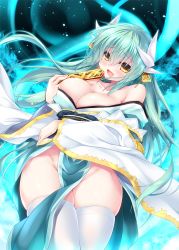 Rule 34 | 1girl, aqua hair, bare shoulders, commentary request, dragon horns, fate/grand order, fate (series), hair between eyes, hand fan, highres, horns, japanese clothes, kagura nanaki, kimono, kiyohime (fate), long hair, looking at viewer, no panties, smile, solo, thighhighs, white thighhighs, wide sleeves, yellow eyes
