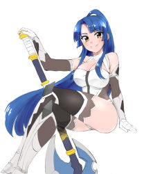 Rule 34 | artist request, ass, axe, battle axe, blue hair, boots, breasts, cleavage, cleavage cutout, clothing cutout, curvy, dress, elbow gloves, gloves, highres, hime cut, large breasts, long hair, looking at viewer, ponytail, short dress, sitting, sleeveless, sleeveless dress, smile, solo, taimanin (series), taimanin asagi, thighhighs, thighs, weapon, yatsu murasaki, zettai ryouiki