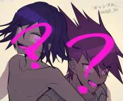 Rule 34 | 2boys, ?, collarbone, commentary request, danganronpa (series), danganronpa v3: killing harmony, facial hair, fangs, glowing, glowing eyes, goatee, looking at viewer, male focus, momota kaito, multiple boys, nagi to (kennkenn), nude, open mouth, oma kokichi, pink eyes, purple eyes, shirt, short hair, simple background, spiked hair, spoilers, tongue, twitter username, upper body