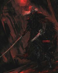 Rule 34 | 1boy, artist name, blood, bloodborne, bloody crow of cainhurst, bloody weapon, chikage (bloodborne), coat, feather-trimmed coat, full body, gauntlets, grey hair, gun, helm, helmet, highres, holding, holding gun, holding sword, holding weapon, indoors, instagram logo, katana, long hair, male focus, shimhaq, solo, standing, sword, watermark, weapon