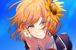 Rule 34 | 1girl, :d, blue sky, blush, close-up, collared shirt, day, eyes visible through hair, fingernails, flower, green eyes, grin, hair flower, hair ornament, half-closed eyes, hand up, highres, honma himawari, jacket, long sleeves, looking at viewer, neck ribbon, nijisanji, open mouth, orange hair, outdoors, purple jacket, red ribbon, ribbon, shirt, short hair, sky, smile, sogawa, solo, sunflower, sunflower hair ornament, virtual youtuber, wing collar