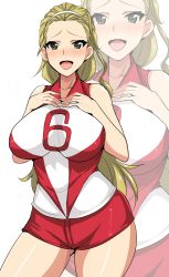 Rule 34 | 10s, 1girl, blonde hair, breasts, brown eyes, commentary, cowboy shot, girls und panzer, hair pulled back, hairband, hands on own chest, hifumi hajime, highres, large breasts, long hair, looking at viewer, one-hour drawing challenge, open mouth, red shirt, red shorts, sasaki akebi, shirt, short shorts, shorts, simple background, sleeveless, sleeveless shirt, smile, solo, sportswear, standing, volleyball uniform, white background, white hairband, zoom layer