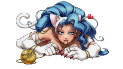 Rule 34 | 1girl, animal ears, blue eyes, blue hair, breasts, capcom, claws, felicia (vampire), hair ornament, heart, highres, lips, medium breasts, red claws, shiny skin, skirt, solo, tail, vampire (game), white fur, white skirt