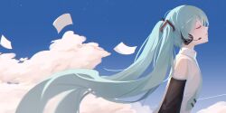 Rule 34 | 1girl, aqua hair, aqua necktie, bare shoulders, black sleeves, blue sky, closed eyes, cloud, collared shirt, commentary, day, detached sleeves, floating hair, flying paper, from side, hatsune miku, head back, headset, highres, komogu (pixiv 59363256), long hair, necktie, outdoors, paper, parted lips, profile, shirt, sky, smile, solo, tie clip, twintails, upper body, very long hair, vocaloid, white shirt, wind
