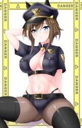 Rule 34 | 1girl, alternate costume, animal ears, arm up, belt, black belt, black hat, black pantyhose, black skirt, black thighhighs, blue eyes, breasts, brown hair, caution tape, cheval grand (umamusume), cleavage, closed mouth, collared shirt, commentary request, ear covers, gurukorian, hair between eyes, hat, highres, horse ears, horse girl, large breasts, midriff, multicolored hair, navel, pantyhose, peaked cap, shirt, short shorts, short sleeves, shorts, simple background, skirt, solo, spread legs, streaked hair, thighhighs, thighhighs over pantyhose, umamusume, white background, white hair