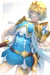 Rule 34 | 1girl, armor, armored dress, belt, blonde hair, blue dress, blue eyes, blue hair, blush, brown belt, brown gloves, cape, commentary, dress, earrings, feather trim, fingerless gloves, fire emblem, fire emblem heroes, fjorm (fire emblem), gloves, gradient hair, hair between eyes, highres, jewelry, lips, looking at viewer, multicolored hair, nintendo, pink lips, short hair, shoulder armor, smile, solo, thighs, tiara, tombsakura, twitter username, two-tone hair, white cape