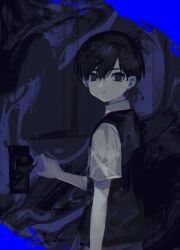 Rule 34 | 1boy, abstract background, antenna hair, arm at side, black eyes, black hair, black sweater vest, blue background, closed mouth, collared shirt, door, hair behind ear, hair between eyes, highres, indoors, looking back, no pupils, omori, shionty, shirt, short hair, short sleeves, solo, sunny (omori), sweater vest, upper body, white shirt