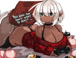 Rule 34 | 1boy, 1girl, ahoge, aqua eyes, ass, black choker, black thighhighs, blue nails, bob cut, breast rest, breasts, can, choker, cleavage, commentary, condom, controller, dangle earrings, dark-skinned female, dark skin, earrings, emotionless sex, english commentary, english text, faceless, faceless male, game controller, halterneck, hetero, highres, huge breasts, jewelry, large breasts, looking to the side, lying, mole, mole on breast, mole on shoulder, multiple condoms, nail polish, on stomach, original, playing games, pointy ears, prone bone, red sweater, ribbed sweater, sex, sex from behind, short hair, shortstack, sleeves past wrists, sweater, thighhighs, used condom, white hair, yellow nails, zanamaoria