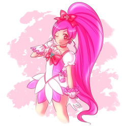 Rule 34 | 10s, 1girl, artist request, bad id, bad pixiv id, bow, brooch, cure blossom, hanasaki tsubomi, heart, heart brooch, heartcatch precure!, long hair, magical girl, one eye closed, pink background, pink bow, pink eyes, pink hair, pink theme, ponytail, precure, skirt, solo, wink, wrist cuffs