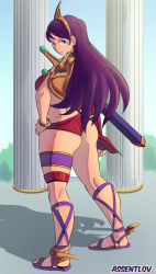 Rule 34 | 1girl, ass, assentlov, athena (series), bikini, breasts, feet, fingerless gloves, gloves, hand on own hip, highres, large breasts, legs, long hair, looking at viewer, princess athena, psycho soldier, purple eyes, purple hair, red bikini, shield, sideboob, smile, snk, solo, swimsuit, thighs, weapon