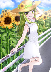 Rule 34 | 1girl, absurdres, arm up, blue sky, blurry, blurry background, braid, chanraykotomine, day, dress, flower, green eyes, green hair, green nails, hat, hat flower, hat ornament, highres, long hair, looking at viewer, nail polish, original, osanai (shashaki), outdoors, purple nails, railing, sharp teeth, sky, solo, standing, sun hat, sunflower, teeth, white dress, white footwear
