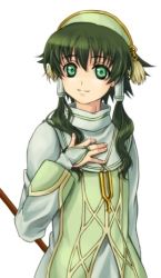 Rule 34 | 00s, 1boy, green eyes, green hair, hair tubes, ion (tales), long hair, lowres, male focus, matching hair/eyes, short hair with long locks, smile, solo, staff, tales of (series), tales of the abyss, touichi yuuto