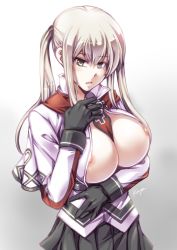 Rule 34 | 10s, 1girl, areola slip, artist request, between breasts, black gloves, black skirt, breast hold, breasts, capelet, celtic knot, cowboy shot, cross, gloves, graf zeppelin (kancolle), grey eyes, hair between eyes, iron cross, kantai collection, large breasts, long sleeves, looking at viewer, military, military uniform, necktie, necktie between breasts, no headwear, no headwear, open clothes, parted lips, sidelocks, silver hair, skirt, solo, twintails, uniform