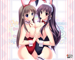 Rule 34 | 00s, 2girls, animal ears, ass, atelier kaguya, bamboo, bare legs, bare shoulders, black leotard, blue eyes, blush, bow, bowtie, braid, breast press, breasts, breasts out, bridal garter, brown hair, center opening, choco chip, cleavage, closed mouth, clothing aside, collarbone, copyright name, crossover, earrings, eyelashes, fake animal ears, female focus, fishnet legwear, fishnets, flower, frills, game cg, hair between eyes, hair ornament, hairband, heart, highres, holding hands, jewelry, kneehighs, large breasts, leaf, leotard, lips, long hair, looking at viewer, multiple girls, no bra, off shoulder, open clothes, over-kneehighs, piercing, plant, playboy bunny, prima stella, purple hair, rabbit ears, rabbit hair ornament, rabbit tail, rainbow, red eyes, red leotard, ribbon, sara sara sasara, shade, shirotae mahiru, sleeveless, smile, socks, standing, star (sky), stomach, symmetrical docking, symmetrical hand pose, tail, takasu miyabi, thighhighs, topless, very long hair, wallpaper, wrist cuffs, yuri