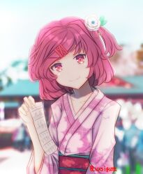 Rule 34 | 1girl, artist name, blurry, blurry background, bob cut, breasts, closed mouth, collarbone, commentary, doki doki literature club, floral print, flower, hair flower, hair ornament, happy new year, head tilt, highres, holding, holding paper, japanese clothes, kimono, leguma, natsuki (doki doki literature club), new year, obi, omikuji, paper, pink eyes, pink kimono, pink sash, sash, short hair, small breasts, smile, solo, standing, swept bangs, temple, translated, twitter username, two side up, upper body, v-shaped eyebrows, white flower, x hair ornament