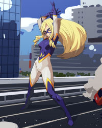 Rule 34 | 10s, 1girl, arms up, blonde hair, blue sky, bodysuit, boku no hero academia, boots, breasts, brown eyes, building, car, city, cloud, domino mask, facing viewer, giant, giantess, gloves, grin, happy, horns, long hair, looking at viewer, mask, medium breasts, meranie, motor vehicle, mount lady, outdoors, parted lips, road, size difference, skin tight, sky, smile, smoke, solo, standing, street, superhero costume, teeth, thigh boots, thighhighs
