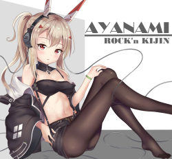 Rule 34 | 1girl, ass, ayanami (azur lane), ayanami (rock &#039;n&#039; demon) (azur lane), ayanami (rock &#039;n&#039; demon) (azur lane), azur lane, bare shoulders, black shorts, blush, breasts, brown pantyhose, character name, commentary request, crop top, foot out of frame, hair between eyes, hair ornament, hand on own knee, headgear, headphones, highres, icwine, jacket, light brown hair, long hair, long sleeves, looking at viewer, medium breasts, navel, no shoes, off shoulder, open clothes, open jacket, pantyhose, parted lips, ponytail, red eyes, short shorts, shorts, sidelocks, sitting, solo, sweat, wide sleeves