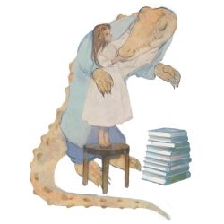 Rule 34 | 1girl, animal, barefoot, blue pants, blue shirt, book, book stack, brown hair, child, claws, clothed animal, crocodile, crocodilian, dress, closed eyes, frilled shirt collar, frills, from side, hand on another&#039;s head, headpat, highres, long dress, long hair, long sleeves, on stool, original, pajamas, pants, sharp teeth, shirt, simple background, standing, stool, teeth, tono (rt0no), white background, white dress