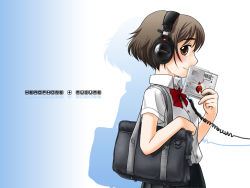 Rule 34 | 1girl, bag, blue background, bow, bowtie, brown eyes, brown hair, buttons, cable, cd case, collared shirt, copyright name, from side, headphone + musume, headphones, holding, looking at viewer, looking to the side, ootsuka mahiro, over shoulder, red bow, school bag, school uniform, serafuku, shirt, short hair, simple background, solo, upper body