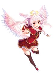 Rule 34 | 10s, 1girl, ange vierge, angel, bridal gauntlets, elel (ange vierge), feathered wings, floating hair, full body, halo, head wings, leriel, long hair, looking at viewer, mishima kurone, official art, open mouth, orange eyes, petticoat, pink hair, sidelocks, simple background, skirt, solo, thighhighs, white background, wings