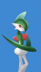 Rule 34 | 1boy, arm blade, blue background, blue hair, colored skin, creatures (company), from side, gallade, game freak, gen 4 pokemon, green hair, green skin, hand to own mouth, hand up, highres, hotarubi (bugkhdu), looking back, male focus, mohawk, multicolored hair, multicolored skin, nintendo, no mouth, pokemon, pokemon (creature), red eyes, short hair, simple background, solo, standing, two-tone hair, two-tone skin, weapon, white skin