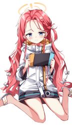 Rule 34 | 1girl, blue archive, blue eyes, blush, bow, closed mouth, hair bow, halo, handheld game console, highres, holding, holding handheld game console, jacket, long hair, long sleeves, looking at viewer, orange halo, red hair, sabana, sitting, slippers, solo, wariza, white bow, white jacket, yuzu (blue archive)