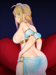 Rule 34 | 1girl, absurdres, ahoge, arabian clothes, ass, blonde hair, blue eyes, blue skirt, blush, braid, breasts, butt crack, elf, from behind, gold, highres, huge filesize, large breasts, long hair, looking at viewer, looking back, maid headdress, nezuko, o-ring, o-ring bottom, original, pointy ears, puffy short sleeves, puffy sleeves, short sleeves, side slit, sideboob, simple background, skirt, solo, underbust
