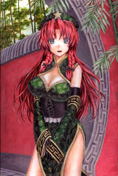 Rule 34 | 1girl, alternate costume, bamboo, blue eyes, bodice, bow, braid, breasts, china dress, chinese clothes, cleavage, cleavage cutout, clothing cutout, detached sleeves, dress, gloves, hair bow, hat, hong meiling, kabaji, large breasts, leaf, long hair, looking at viewer, oil painting (medium), own hands together, painting (medium), parted lips, red hair, sleeves past wrists, solo, star (symbol), touhou, traditional media, twin braids, v arms, wall